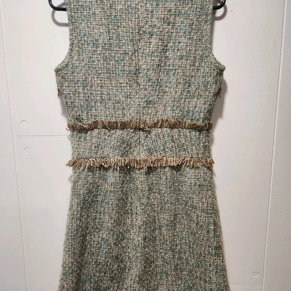 Tory Burch Tweed Fringe Sheath Dress in Green and Tan